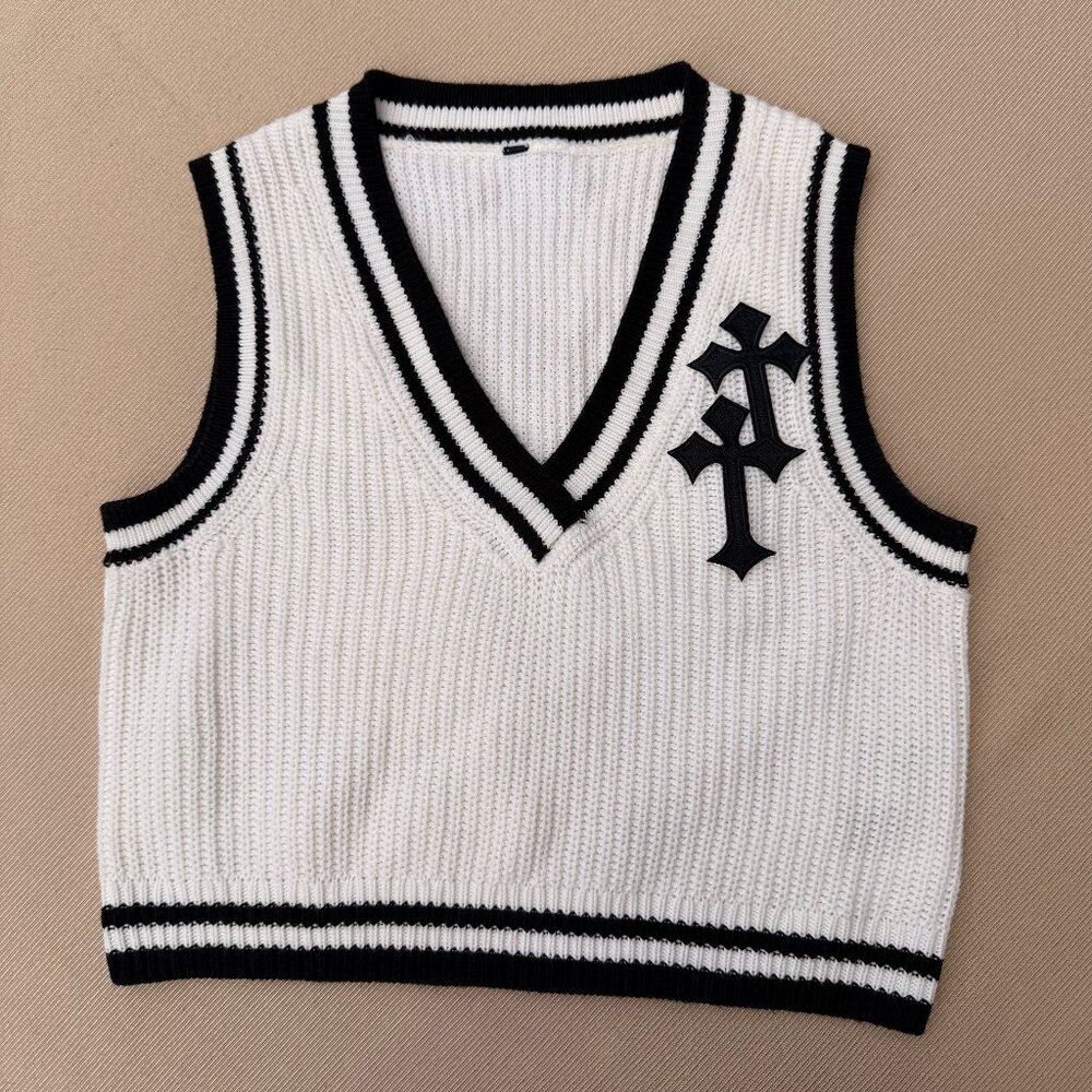 Upcycled Sweater Vest with Gothic Cross Appliqué